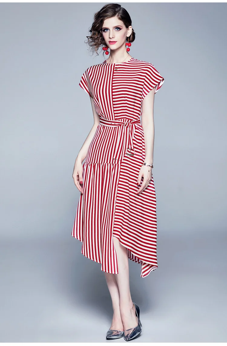 Dropped Shoulder Sleeve Asymmetric Shirt Dress Summer Vintage Office Lady Sashes Red Striped Print Casual Midi Party Dress