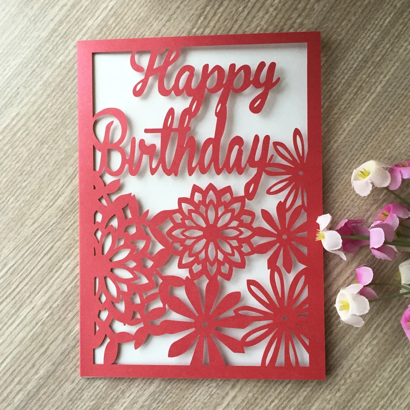 

100pcs Laser Cut Flower Glossy Shimmer Happy Birthday Greeting Blessing Party Dinner Decoration Invitations Cover Card