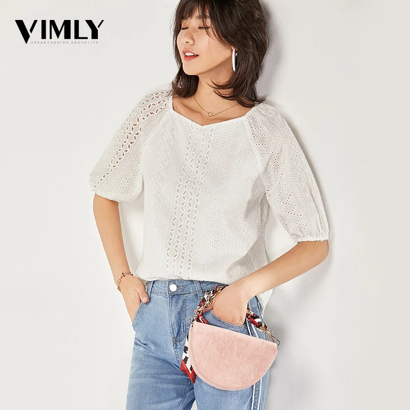 Vimly элегантная кружевная блузка, рубашка, сексуальная, открытая, вышивка, женская блузка, хлопок, пышные рукава, летние топы, женские