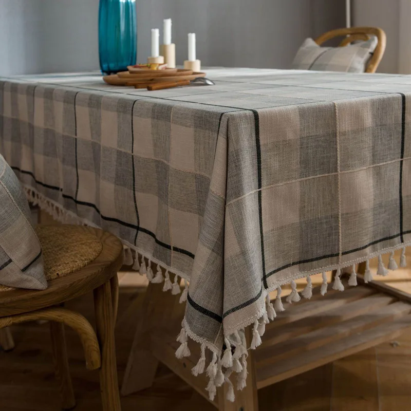 Gray plaid Плед с кисточкой Скатерти хлопковые льняные скатерти обеденный, журнальный столик из лайкры растягивающегося спандекса отель Кухня мебель крышка для защиты от пыли ткань - Цвет: Gray plaid