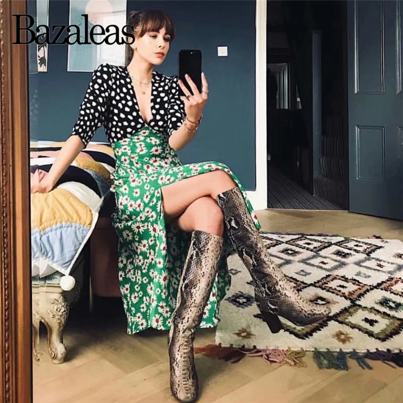 Винтажное праздничное длинное платье с v-образным вырезом в горошек цветочным