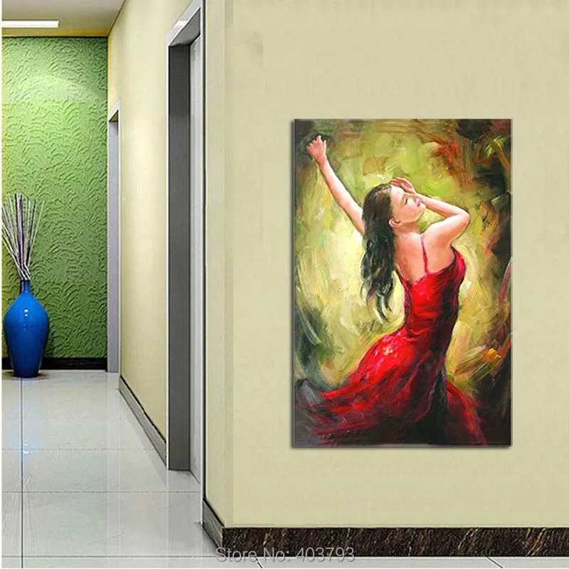 100% ручная роспись в красном платье танцующая женщина холст картина маслом для
