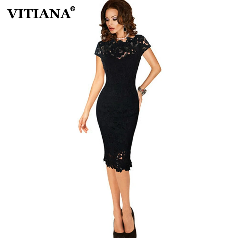 VITIANA Women Plus Size 2XL 3XL Pencil Party Lace Dress Female Black Green Short Sleeve Elegant Vintage Slim Office Work Dresses | Женская