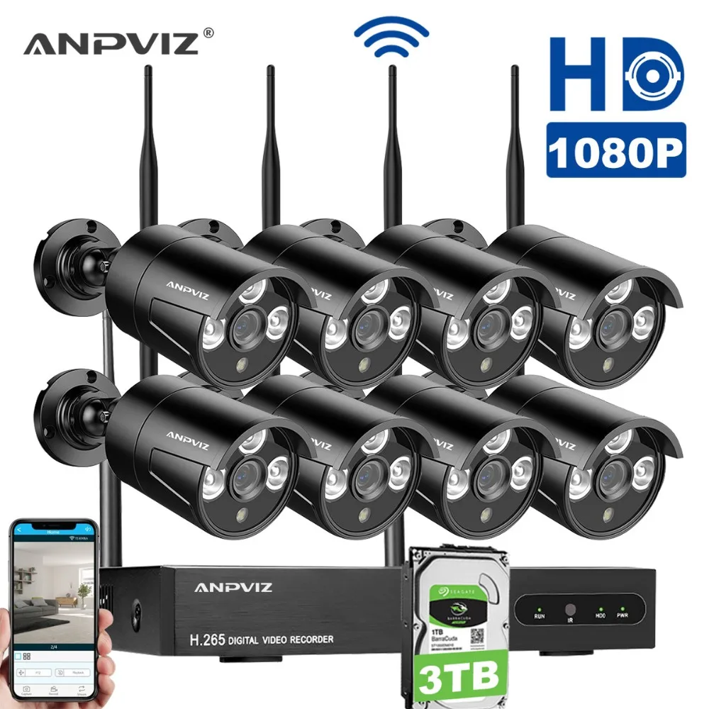 Anpviz Беспроводной безопасности Камера Системы 8CH 1080 P WI FI NVR Kit CCTV 8 шт. Крытый
