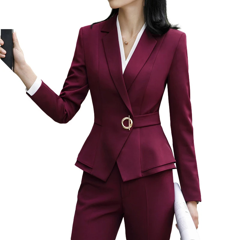 High quality winter suit for women two pieces set formal long sleeve slim blazer and trousers office ladies plus size work wear