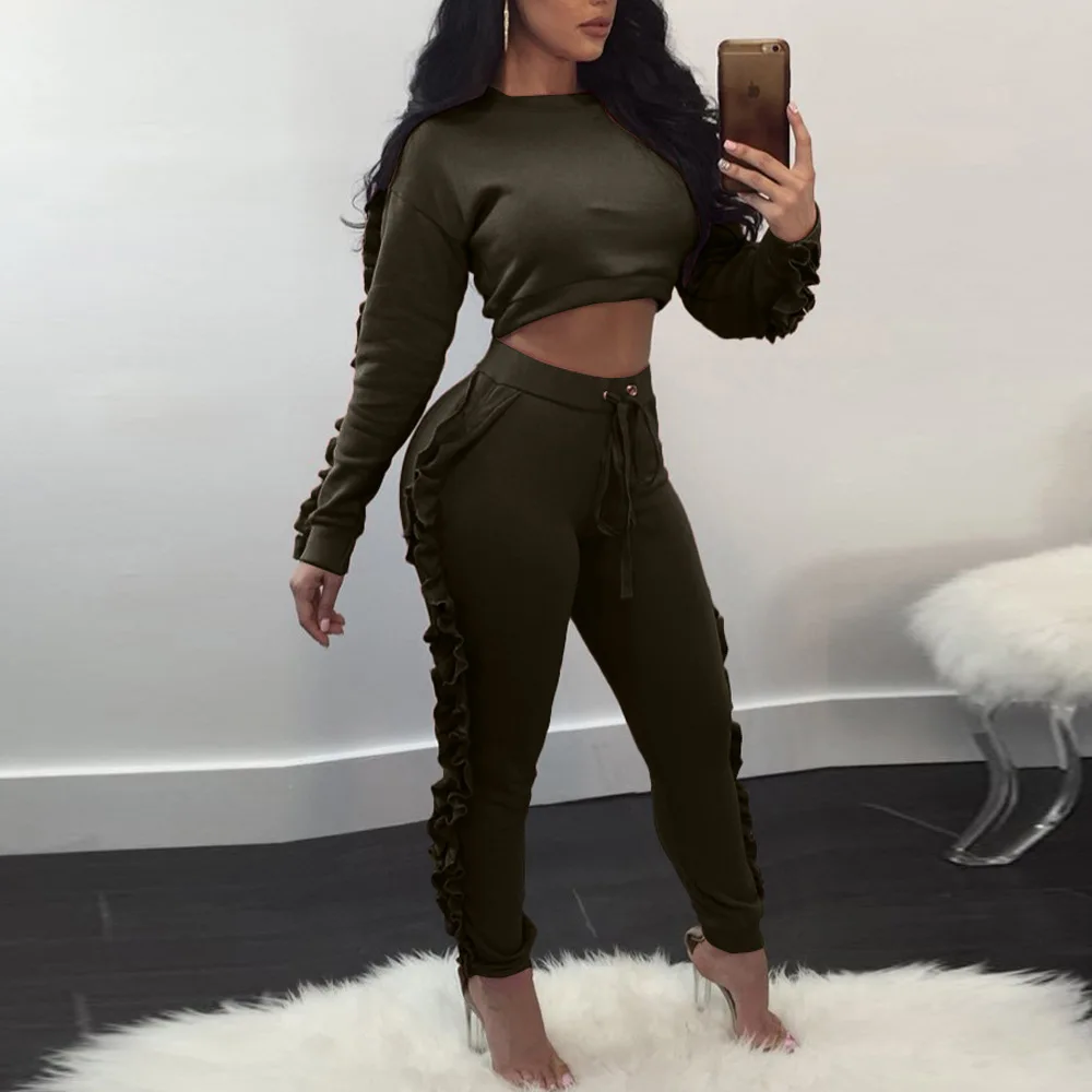

OMSJ Casual Spring Two Pieces Set Female Sets XL Women O Neck Long Sleeve Crop Ruffled Sweatshirts Tops and Elastic Pants Suits