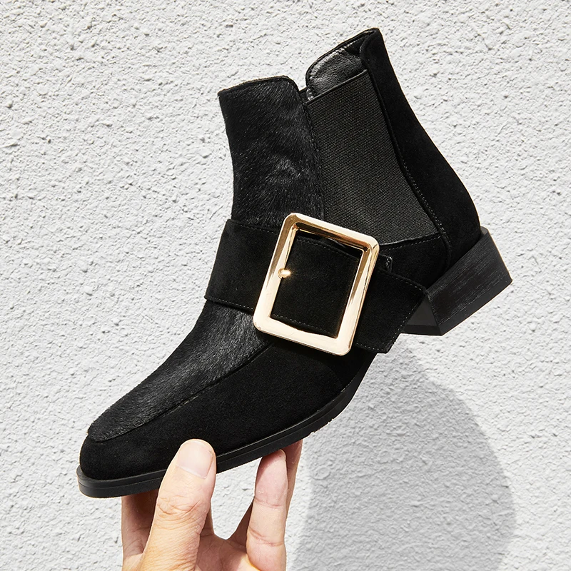 Women's Genuine Leather Metal Buckle Slip-on Autumn Ankle Boots Brand Designer Horsehair Punk Short Booties Winter Shoes Women | Обувь