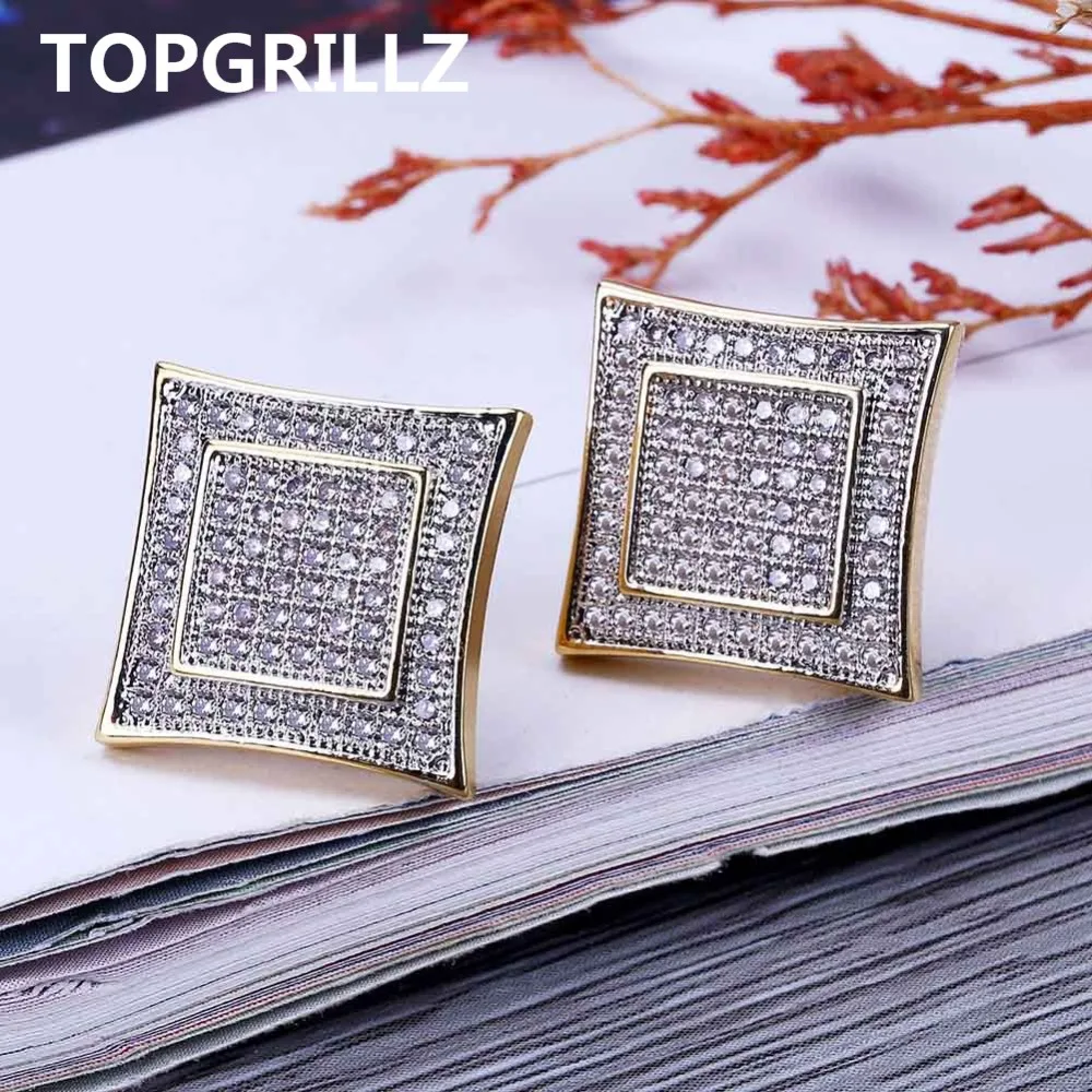 Серьги пусеты TOPGRILLZ в стиле хип хоп 15 мм медные золотые со льдом из кубического