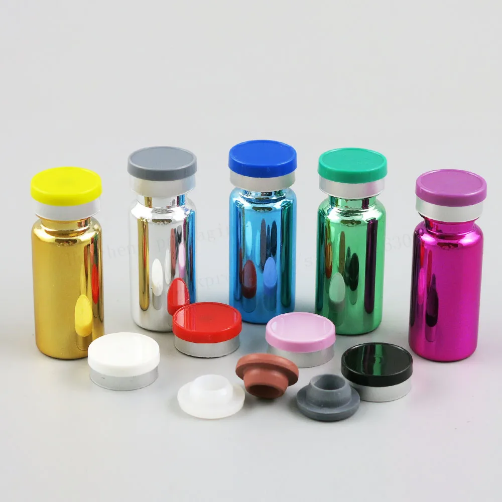 

10ml UV Blue Gold Silver Green Purple Injection Glass Vial Plastic-Aluminum Cap 1/3oz Glass Bottle 10cc Glass Containers 100pcs