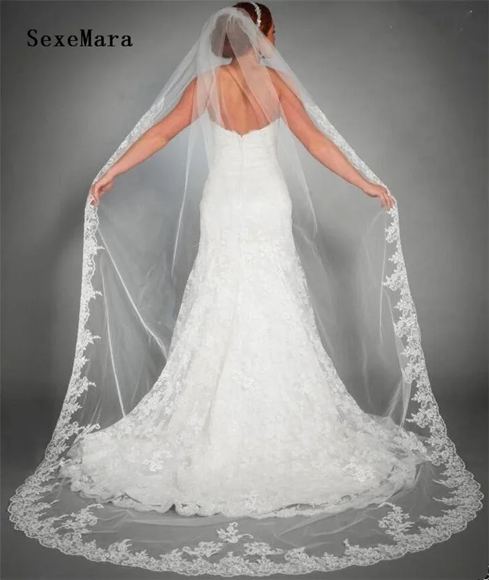 

New One Layer 3M Cathedral Length Lace Edge White Ivory Bridal Veil With Comb Long Wedding Veil velos de novia