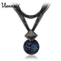 viennois blue crystal round pendant necklace for women vintage long multilayered chain necklace fashion statement jewelry gifts
