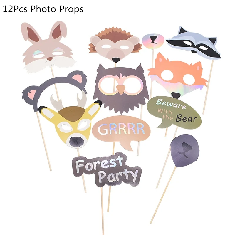 12pcs photo props Джунгли день рождения одноразовые столовые приборы Джунгли животных одноразовые тарелки/чашки/салфетки сафари джунгли вечерние украшения принадлежности - Color: 12pcs photo props