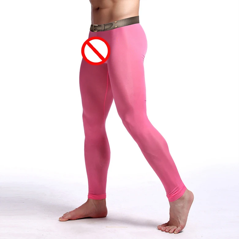 Mens Brand Sexy Nylon Transparent Long Johns Printed Fake Belt Homme lce Silk Sheer Leggings Bottoms/Gay Lounge Tights Underwear