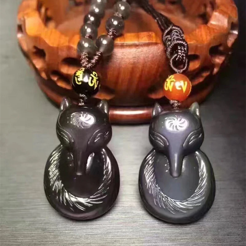 Ожерелье ледяного цвета из натурального обсидиана кулон в виде лисы со злыми