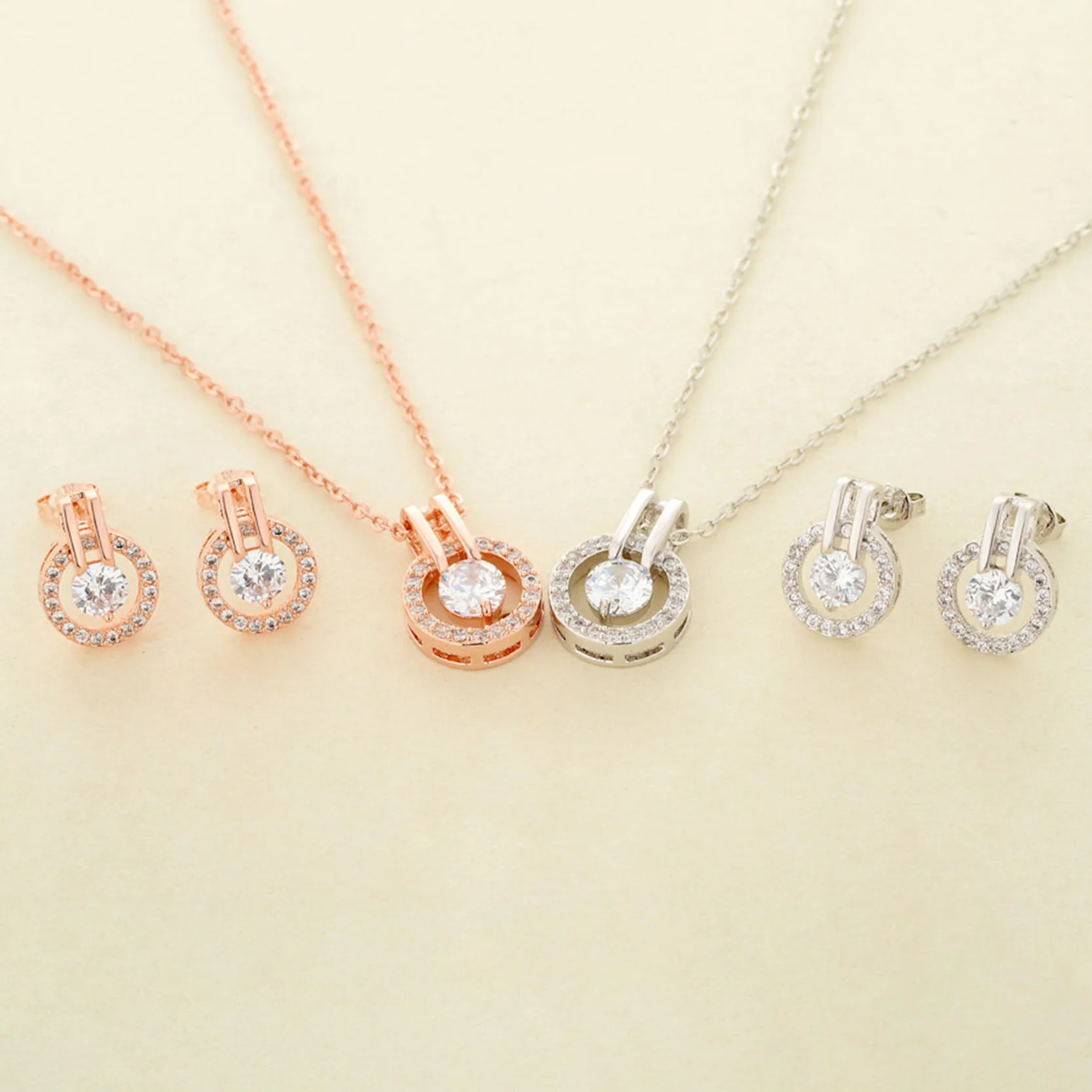 Комплект из колье и серёг с фианитом под розовое золото|gold wedding jewelry|gold jewelry setwedding