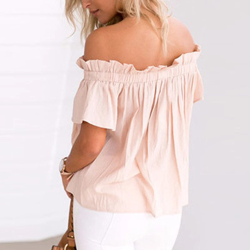 

Women Ruffle Short Sleeve Off Shoulder Fashion Solid Color Tops for Summer Beach Party New