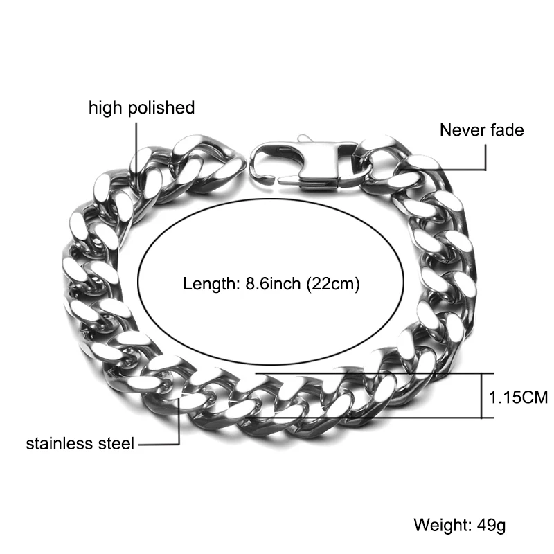 Wide 11.5mm Хип-хоп цепочка из титановой стали& Link кубинские браслеты Байкер Серебряный цвет джинсы Пряжка Снаряженный браслет браслеты для мужчин ювелирные изделия - Окраска металла: Wide 11.5mm