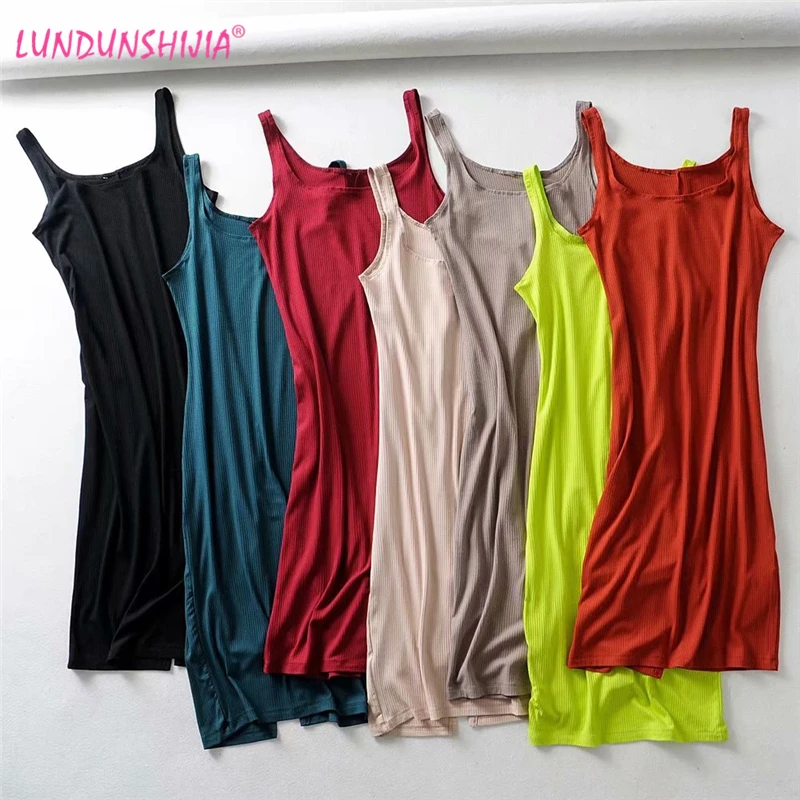 LUNDUNSHIJIA Fashion Bodycon Solid Spaghetti Strap Women Sleeveless Dress 2019 Summer Sexy Slim Split Jumper Dresses 7 Colors | Женская