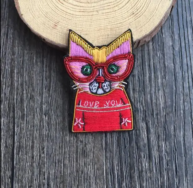 Hand-Made Glasses Cat Indian Silk Emboridered Patch Brooch Applique Patches Vintage Embroidered Badge Fashion Clothing Decor | Дом и сад