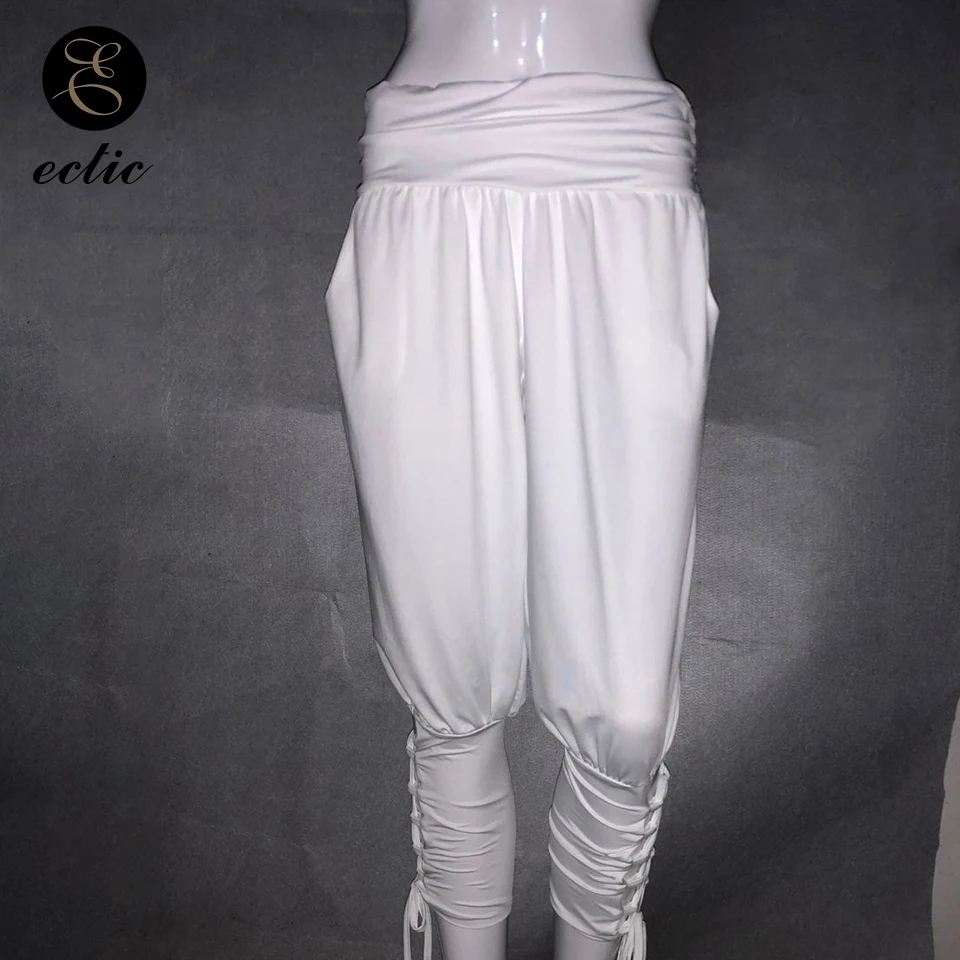 Cropped Leggings Pantacourt Femme Satin Harem Pants Casual Bandage Crisscross Leggings Women Wide Leg Wrinkled Ruched Leggings