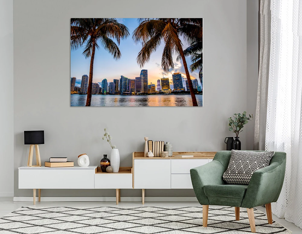 Майами Флорида Skyline и Bay на Картина холсте закат пейзаж стены искусства комнаты