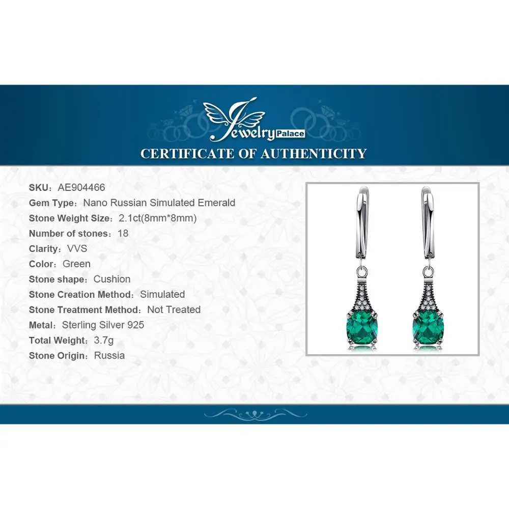 Jewelrypalace классический 2.9ct Подушки Nano России имитации Изумрудный Длинные Висячие