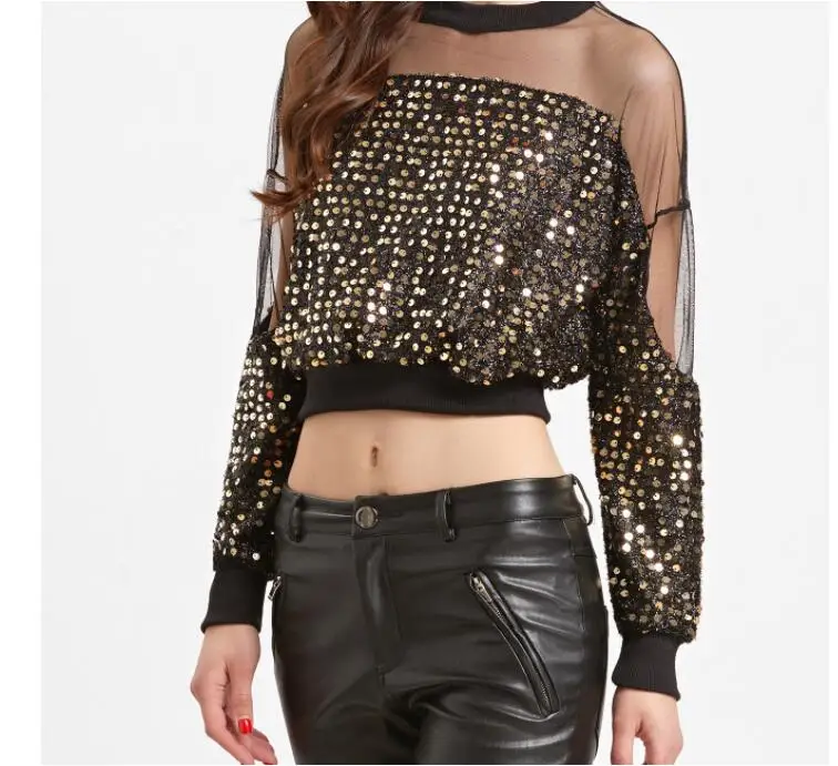 

Sequin Top Women 2022 Spring Fashion Long Sleeve Mesh Patchwork Shirts Ladies Hollow Out Crop T-shirt Streetwear