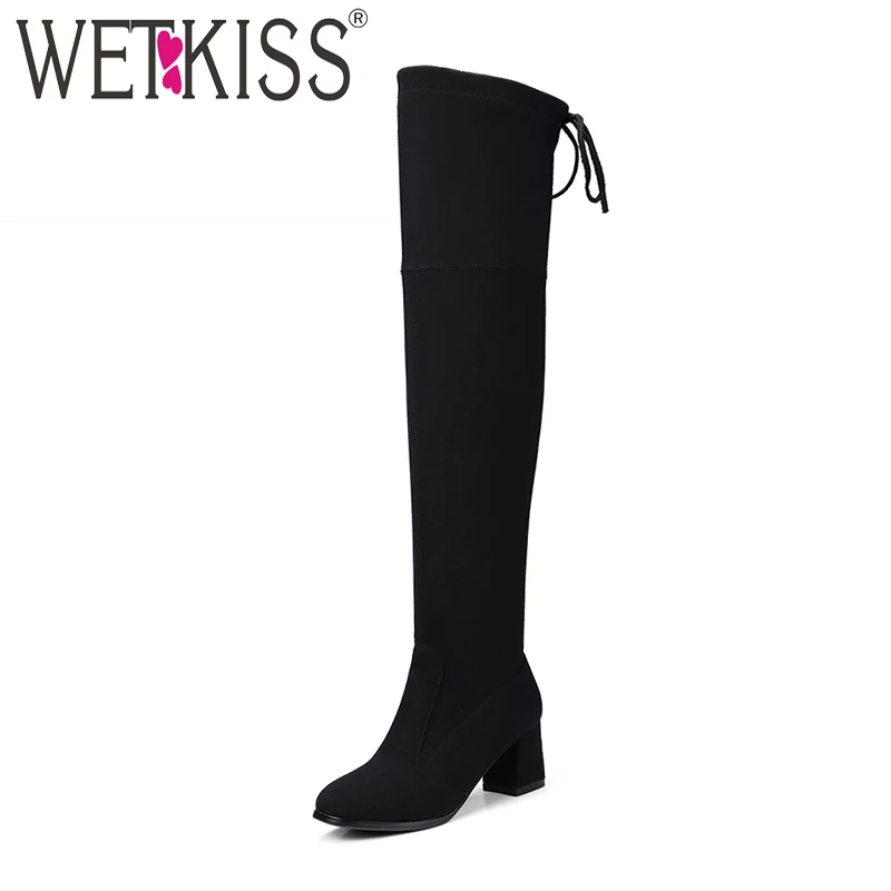 WETKISS/женские сапоги из флока на Высоком толстом каблуке эластичные женские
