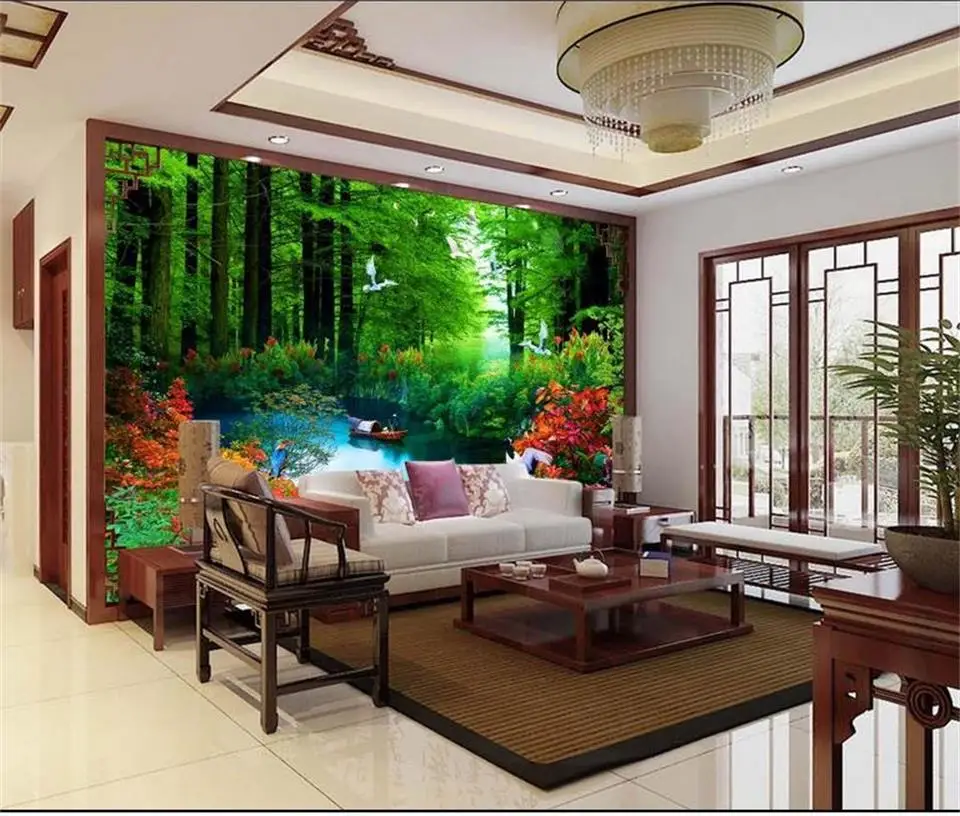 Пользовательские 3d фото обои Гостиная росписи пейзаж лес река картина Диван ТВ