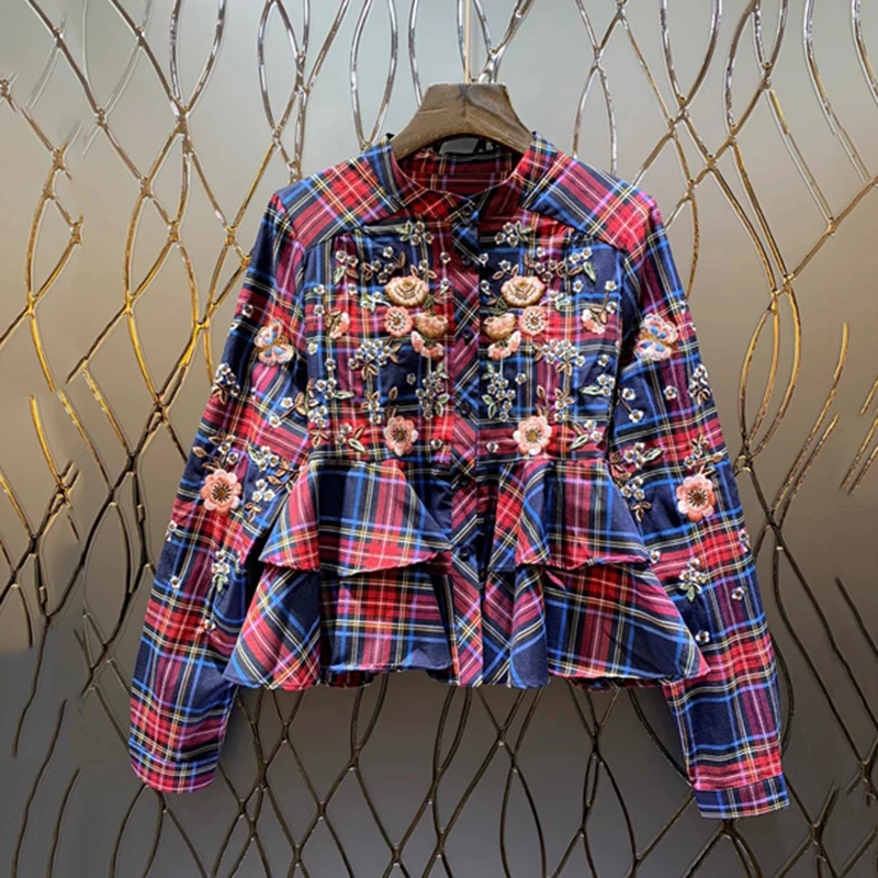 Рубашка женская с длинным рукавом воротником-стойкой и цветочной вышивкой |