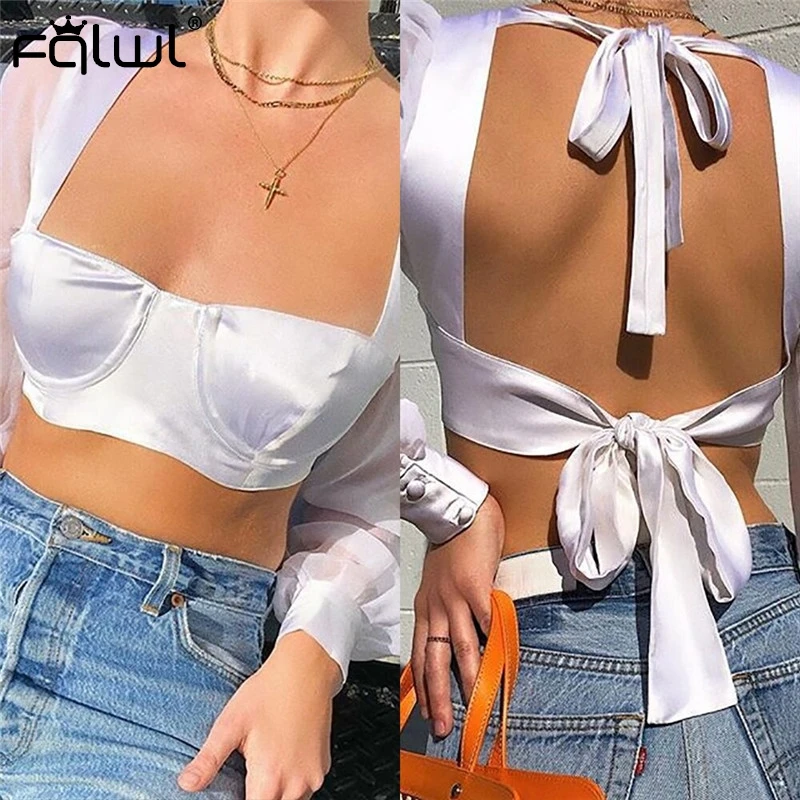 FQLWL, Повседневный, с открытой спиной, бандаж, сексуальный, короткий топ, для женщин, обрезанная футболка,, на шнуровке, белая, без бретелек, летняя, сетчатая, Женская майка