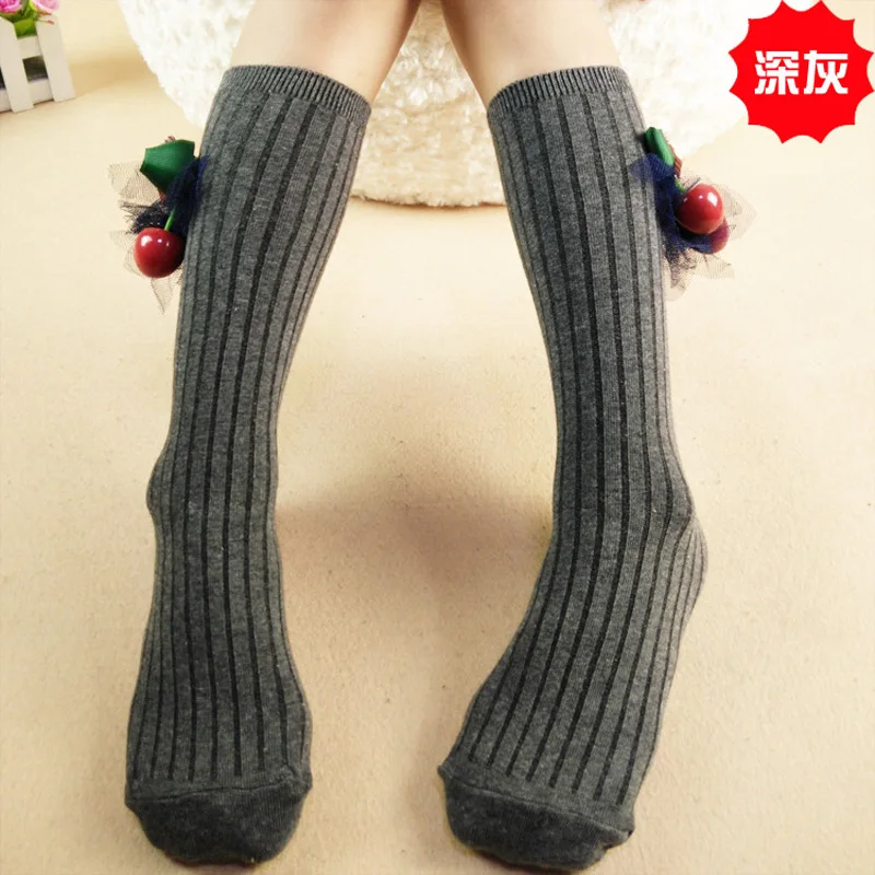 Dark Gray Бусины в форме вишни гольфы для девочек детские Однотонная Одежда Красивое кружевное украшение Гольфы от 3 до 10 лет - Цвет: Dark Gray