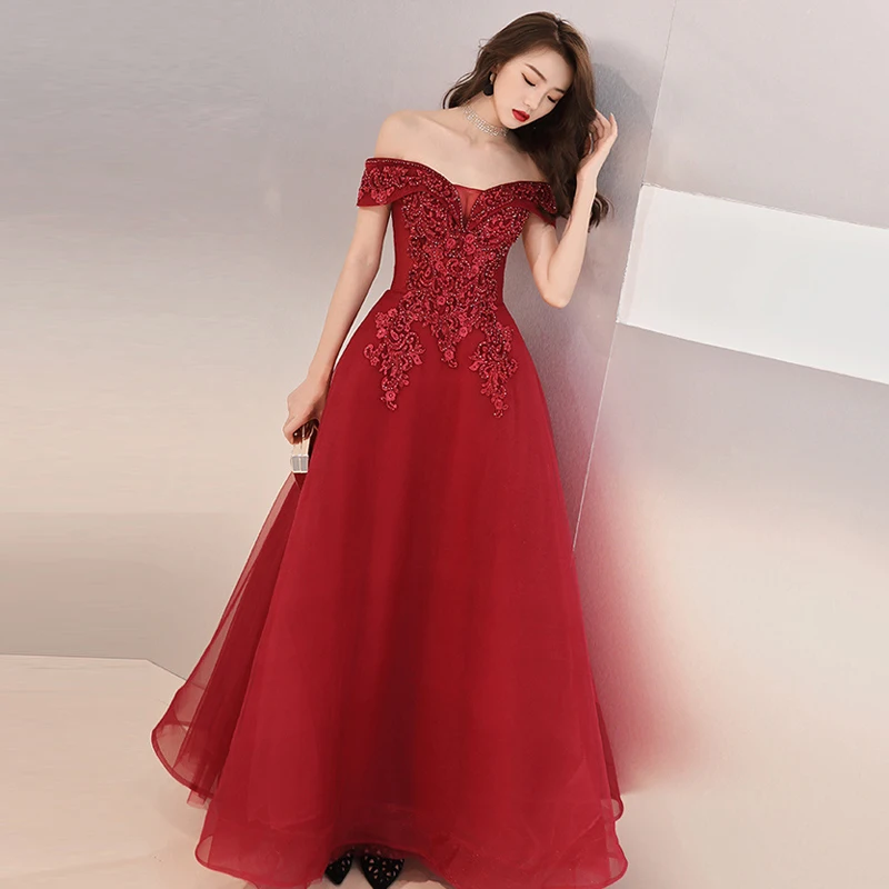 

New Wine red Rhinestone Boat Neck A Line Short Sleeves Evening Dresses Party Vestido De Festa Folding Tulle Prom Gowns
