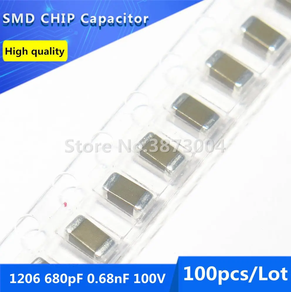 

100pcs 1206 680pF 0.68nF 100V 10% Thick Film Chip Multilayer Ceramic Capacitor