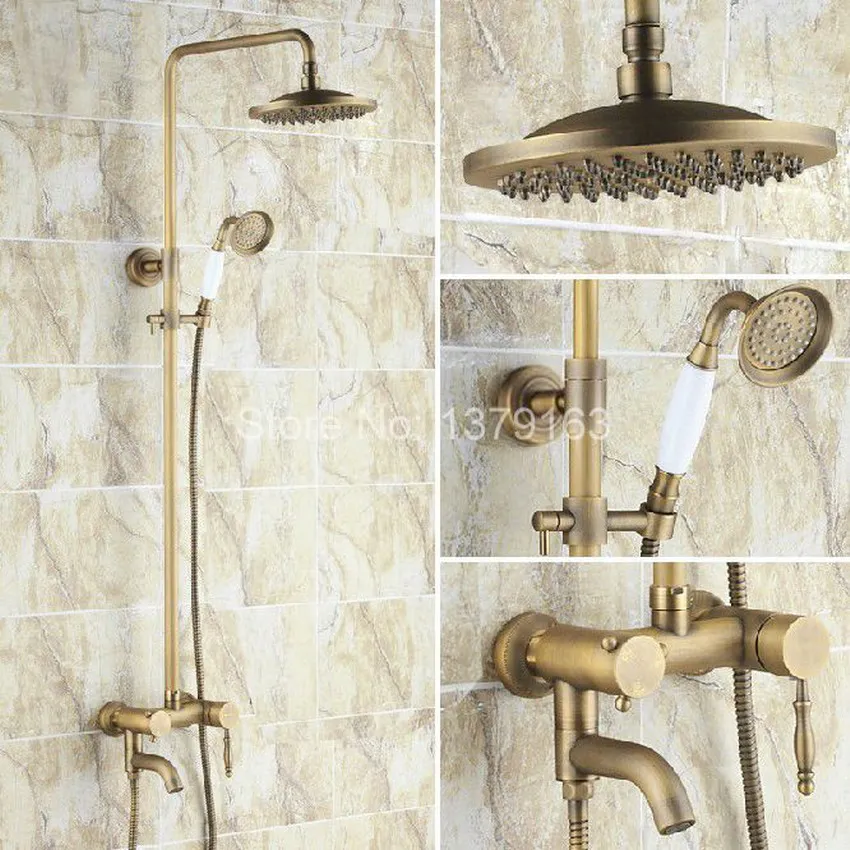 

Antique Brass Single Handle Bathroom Rain Shower Faucet Set Tub Mixer Tap + 8" Round Rainfall Shower Head + Handshower ars151