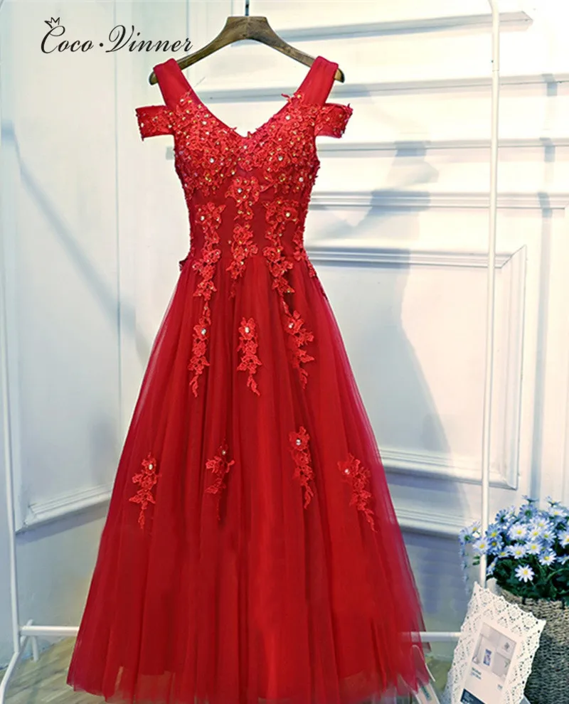 C.V красный цвет с рукавами-крылышками Модные женские вечерние платья средней
