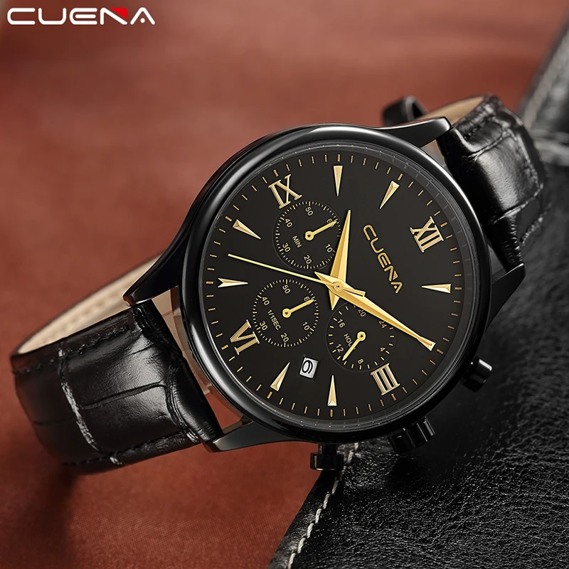 CUENA бренд для мужчин кварцевые часы мужской моды хронограф кожа Relojes Relogio Masculino
