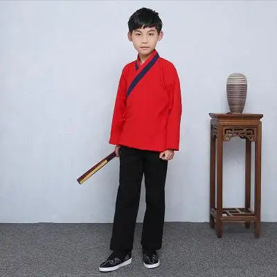 Для маленьких мальчиков с длинным рукавом 2 шт. Hanfu костюм Винтаж детская Карнавальная одежда Китайский древних одежда костюм сценическое - Цвет: Красный