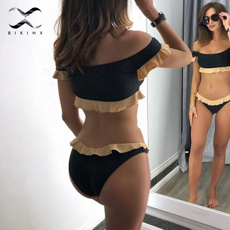 Bikinx Off shoulder ruffle купальник женский сексуальный черный купальники 2018 Push up купальный