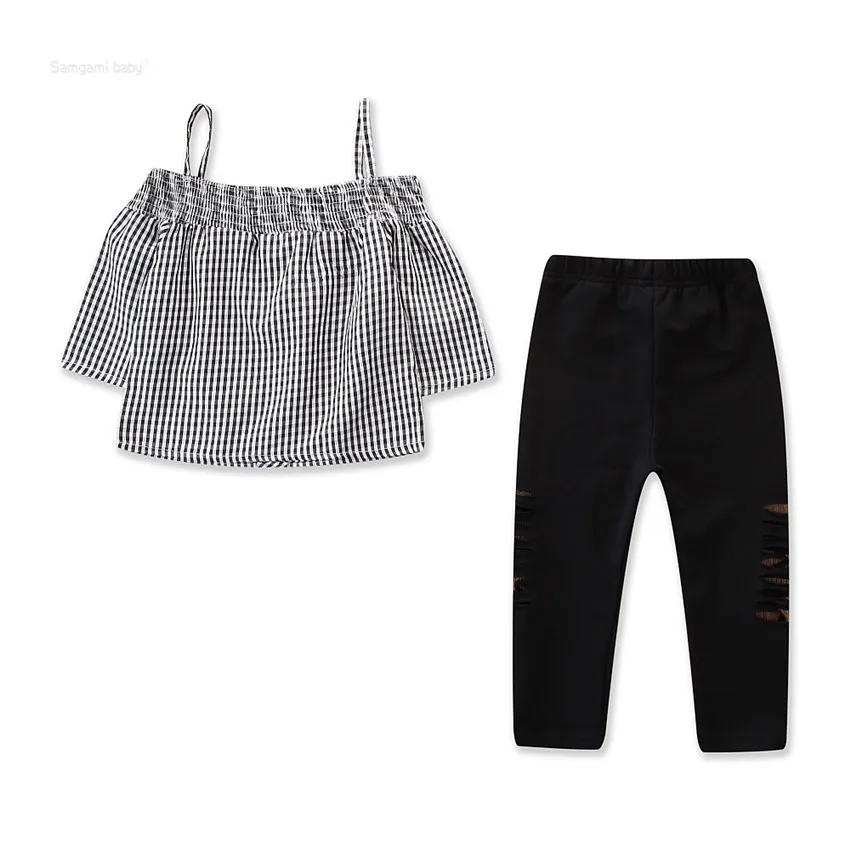 Комплект из блузки с вышитыми цветами и брюк в полоску без рукавов для девочек на