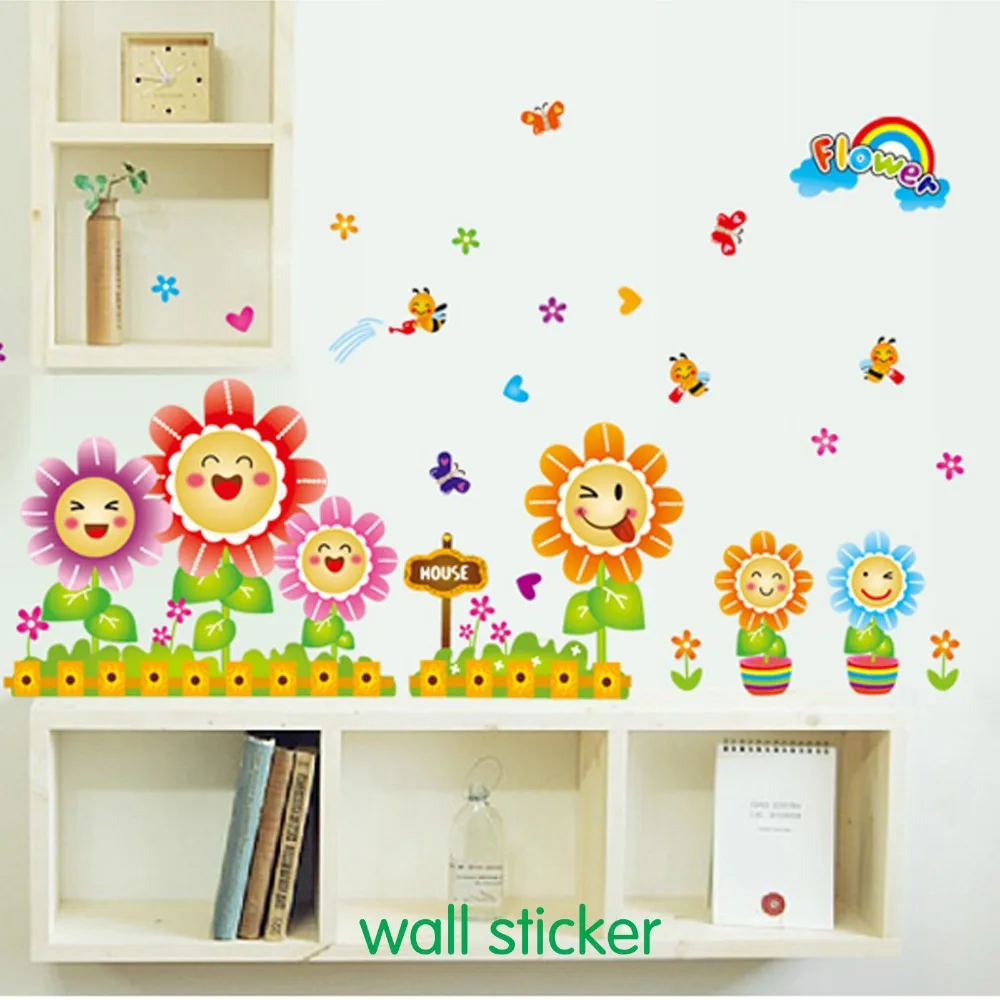 

Free shipping The new three generations living room bedroom decorative fence skirting smile sunflower stickers wholesale