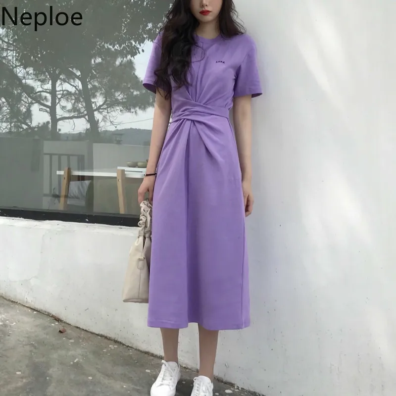 Neploe корейское однотонное женское платье 2019 летнее новое с круглым вырезом