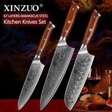 XINZUO, 3 шт., профессиональные кухонные ножи, наборы японских кованых ножей из дамасской стали, ножи шеф-повара сантоку из нержавеющей стали, палисандр, нож шеф-повара с ручкой