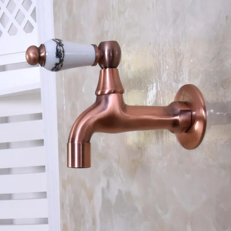 

Antique Red Copper Brass One Ceramic Flower Pattern Handle Kitchen faucet wall mounted Laundry bathroom Mop Water Tap aav308