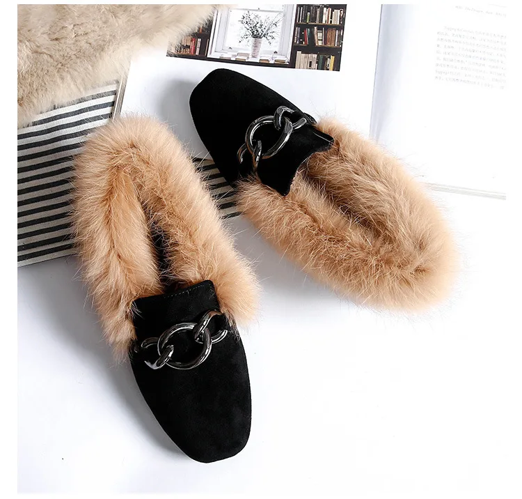Style 2 Black Обувь с натуральным кроличьим мехом; женская обувь на плоской подошве с металлической пряжкой; лоферы с Плюшевым Мехом; женские балетки из искусственной замши на меху; зимние Уютные мокасины - Цвет: Style 2 Black