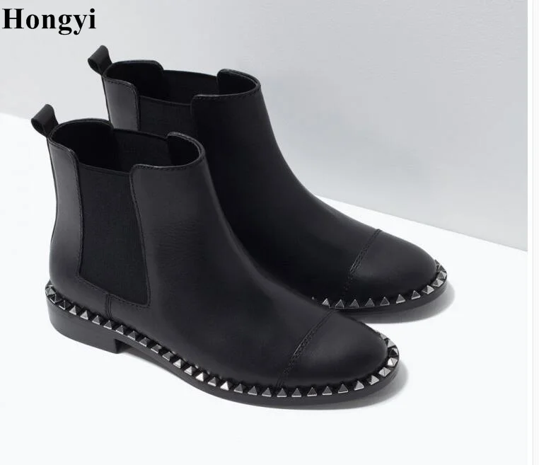 Лидер продаж зимние пикантные ботильоны с заклепками и круглым носком