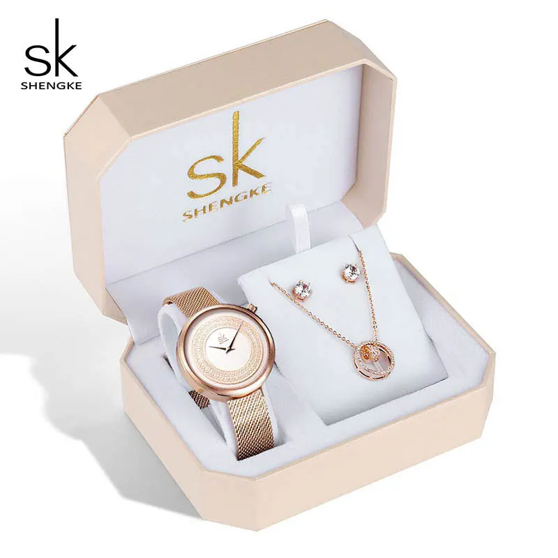 K0094 with watch set Shengke креативный Кристалл ювелирный набор женские кварцевые часы, Рождественский подарок коробка для женщин часы розовый золотистый браслет со стразами ювелирный набор - Цвет: K0094 with watch set