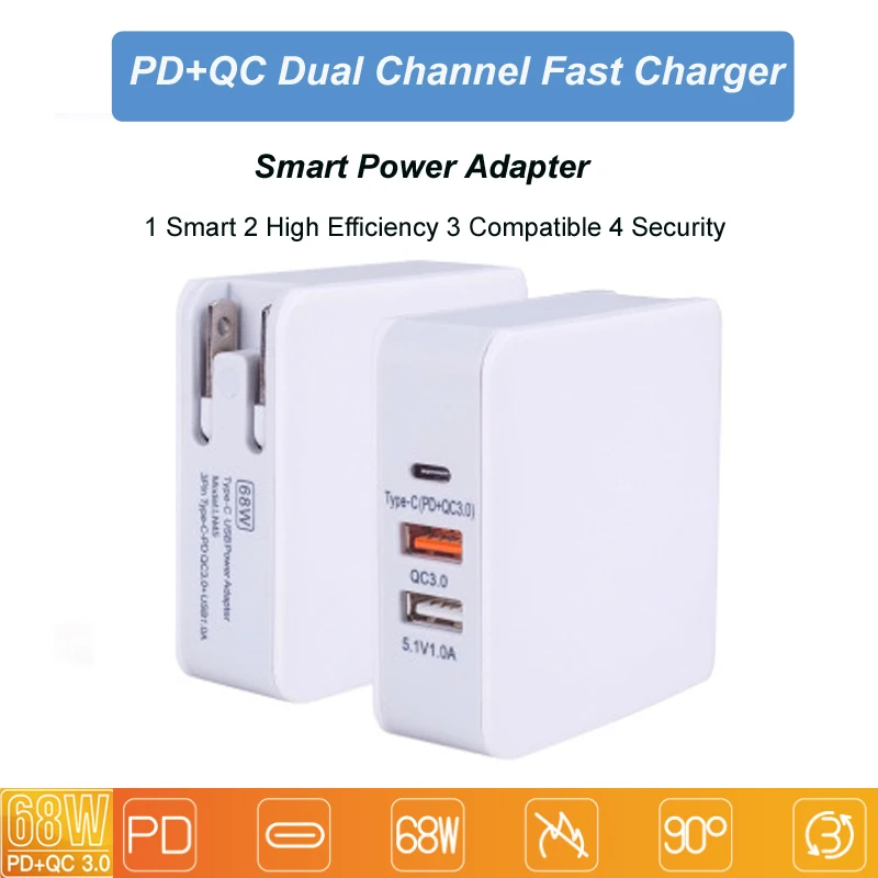 

1Pcs 68W Type-C USB Power adapter QC3.0+PD fast charging mobile phone chager for Apple huawei xiaomi Type-C smartphone&tablet