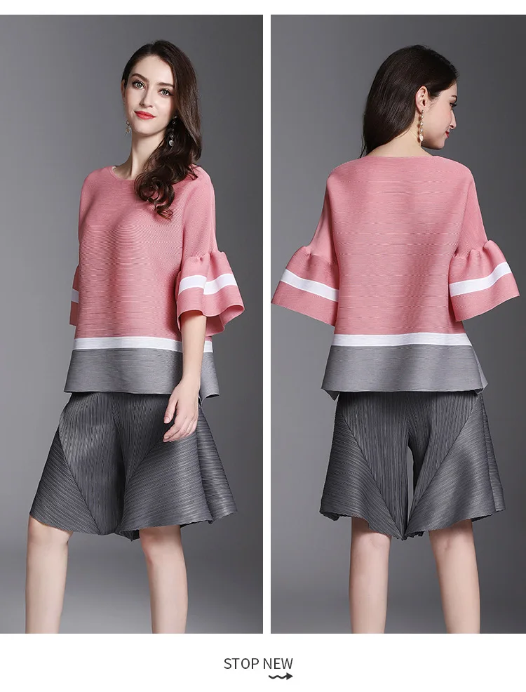 Women's Miyak pleated trumpet sleeves shirt round neck short-sleeved sunscreen shirt+ pleated wide leg casual versatile shorts