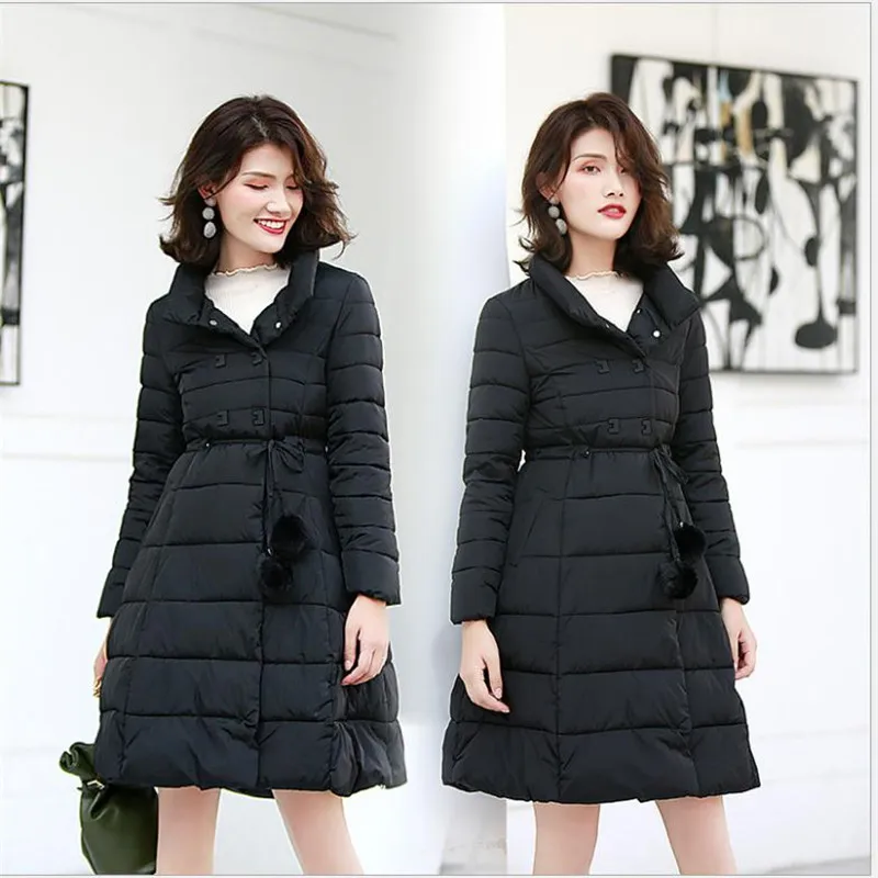 Ботинки из органической кожи новые зимние Для женщин Jackets2018Fashion куртка А-силуэта хлопковая куртка Для женщин с пояса Кнопка зимние пальто со стоячим воротником ParkasCQ2508